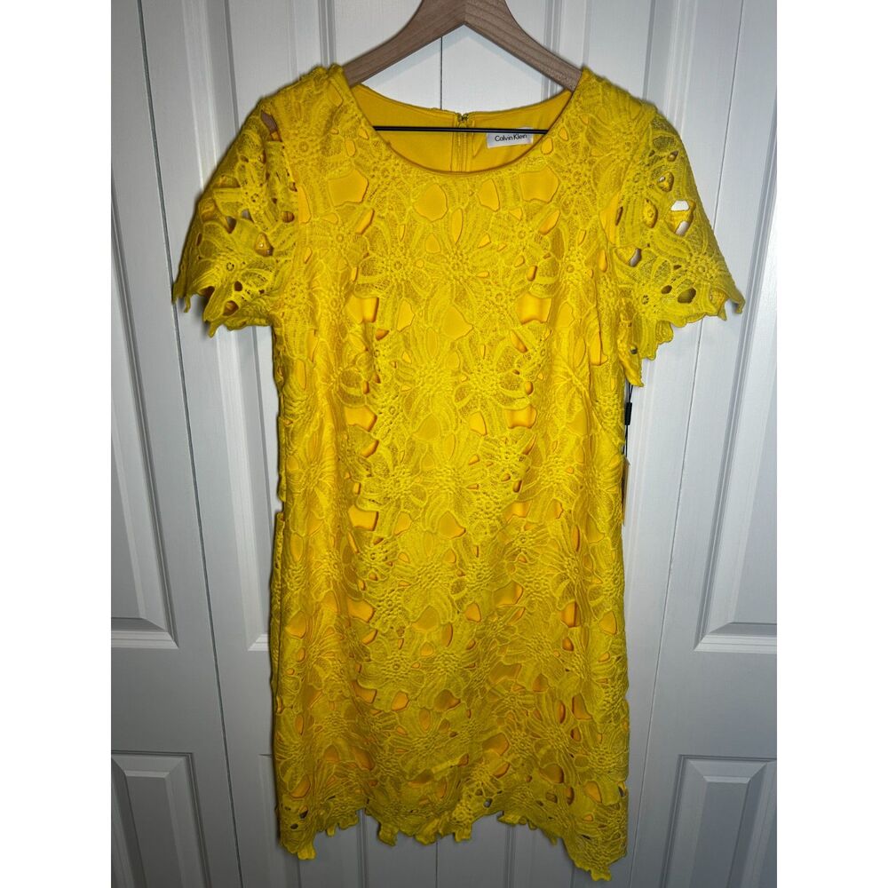 NWT Calvin Klein Canary Yellow Floral Crochet Lace Sheath Dress Size 12
